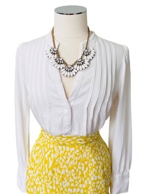LOFT Partial Pleated Popover Blouse White Sz S
